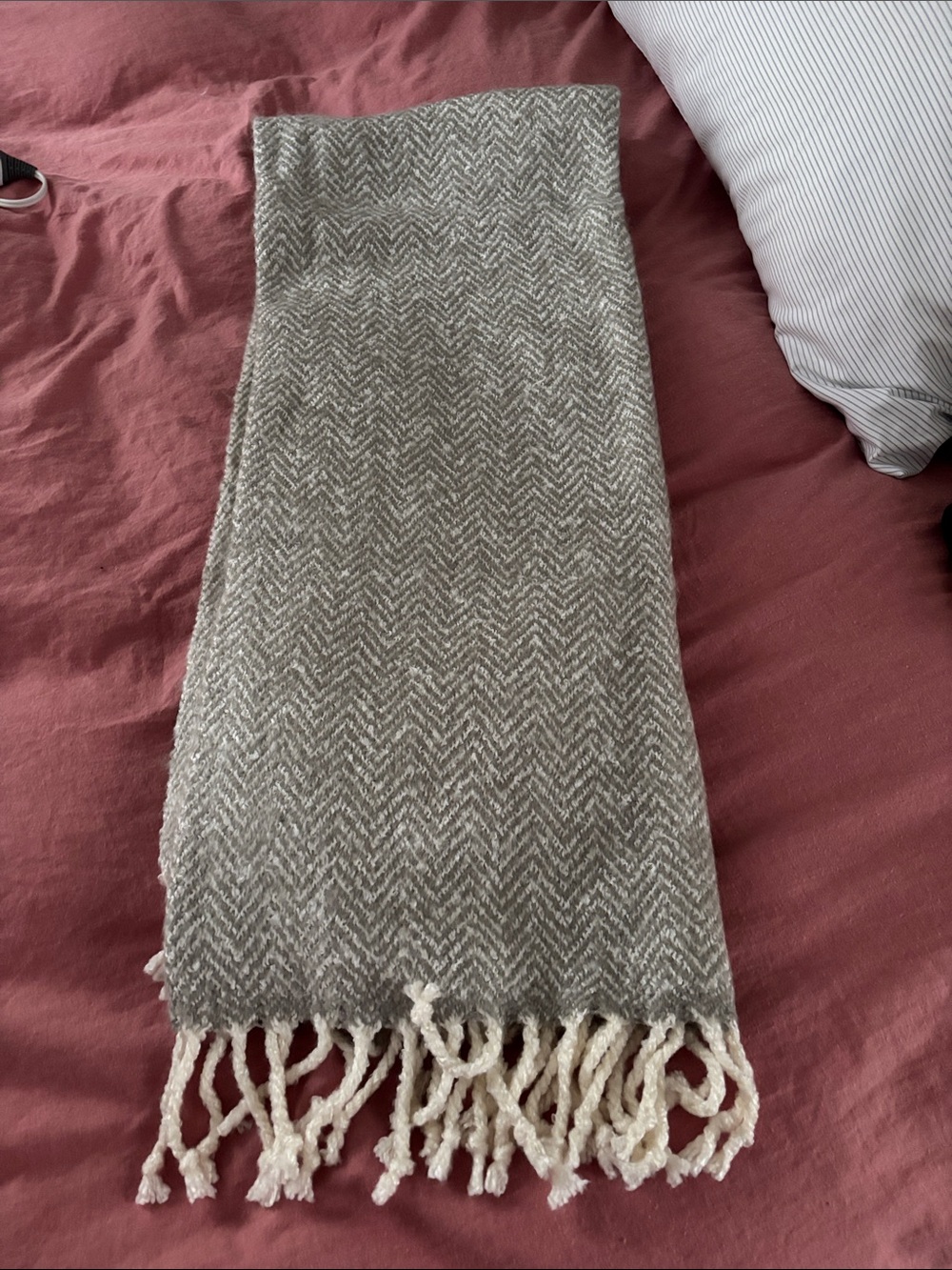 Pottery Barn Gray & Cream Herringbone Fringe Throw